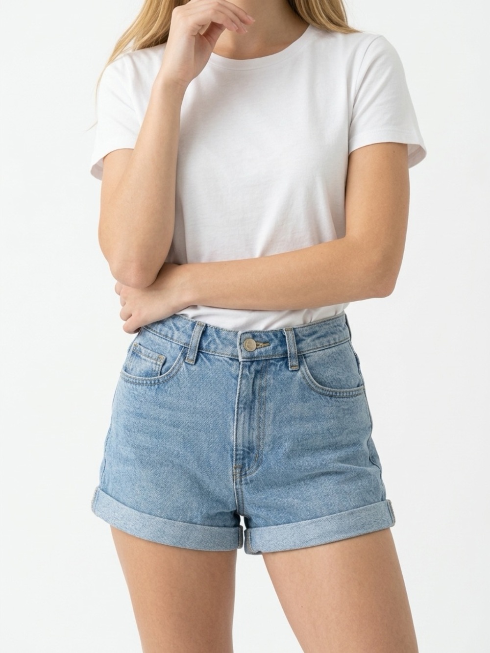 American Apparel Light Wash Denim High-Rise Roll Cuff Shorts